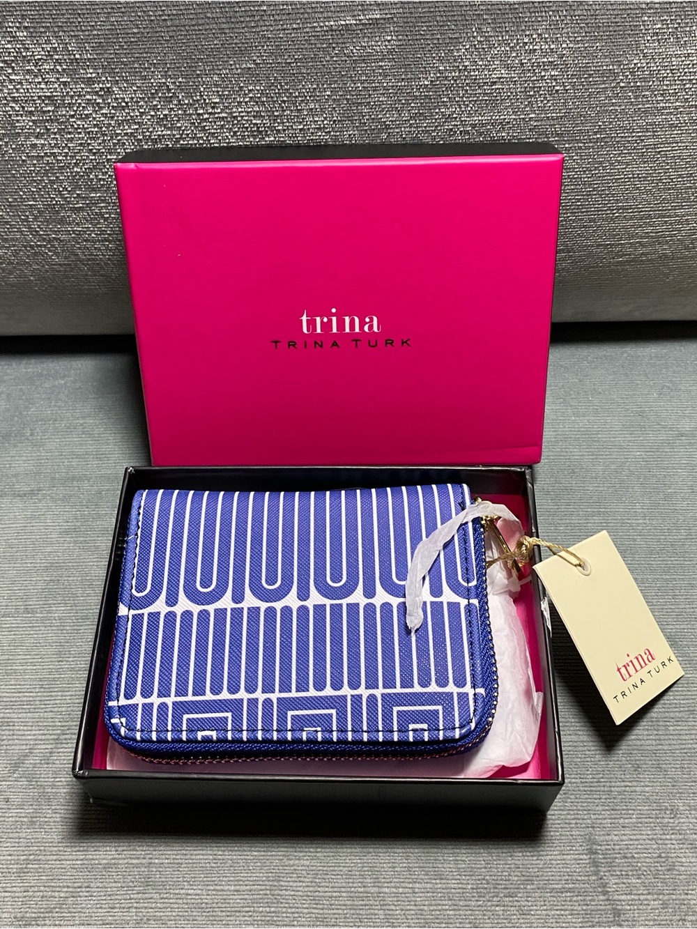 Trina Turk Blue White Geometric Zip Wallet New in Box